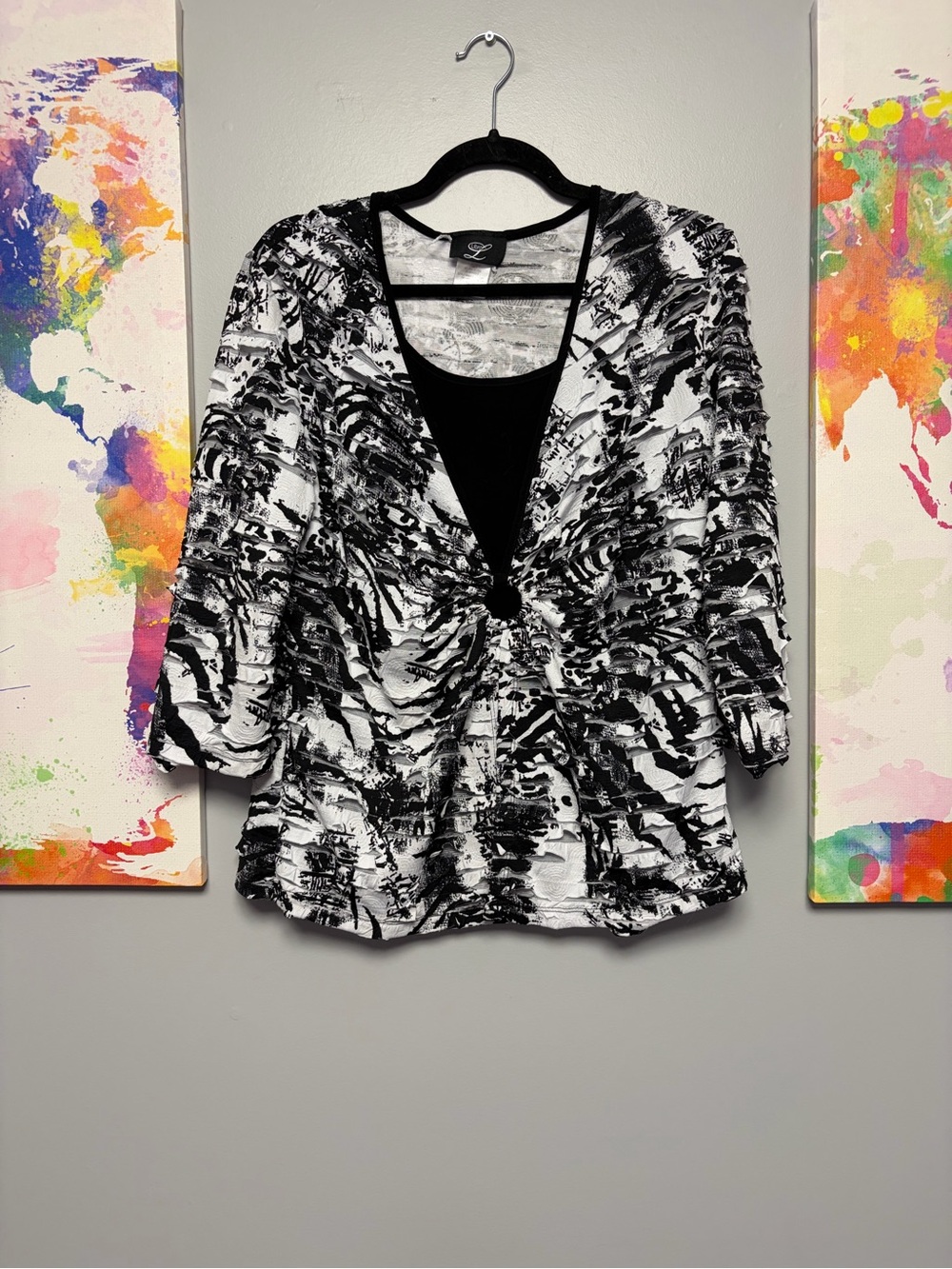 Abstract Black & White Ruched Front Tunic with Attached Camisole